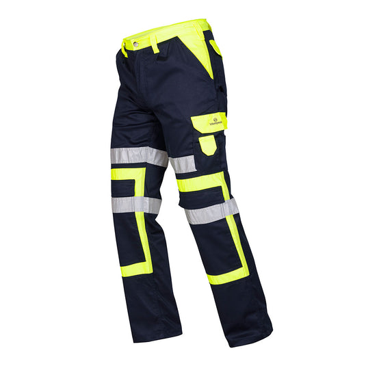 Westpeak Lightweight Stretch Knee Pad Trousers feature yellow reflective stripes, double knees for knee pads, velcro-flapped back pockets, and a functional cargo pocket, ideal for safety-focused workwear.