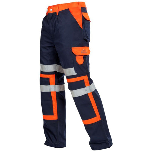 Westpeak Heavy Duty Hi Vis Trousers featuring durable 290gsm fabric, double knees for knee pads, and multiple pockets including a cargo pocket with cell phone and pen holders, ideal for safety and work environments.