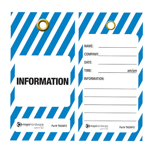 Information Tag: Pack/25, featuring a blue and white striped design, durable waterproof non-tear material, and an 8mm brass eyelet, ideal for safety and workplace use.