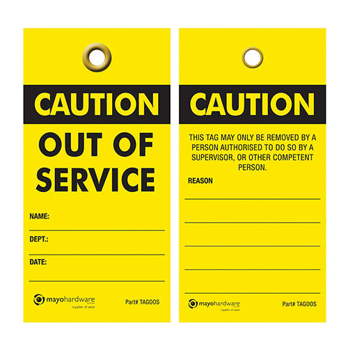 Out of Service Tags: Pack/25, featuring durable, waterproof material with black text on yellow. Includes string ties and 8mm brass eyelet, ideal for indoor and outdoor safety applications.