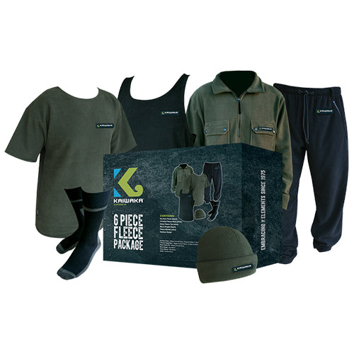 Load image into Gallery viewer, Kaiwaka 6 Piece Fleece Pack featuring a bundled set of fleece essentials including pants, shirt, tee, singlet, beanie, and socks, ideal for year-round warmth and comfort.