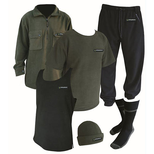 Load image into Gallery viewer, Kaiwaka 6 Piece Fleece Pack, showcasing fleece pants, long-sleeve shirt, T-shirt, singlet, beanie, and socks. Ideal for year-round warmth, crafted from durable, anti-pill fleece for comfort and easy care.