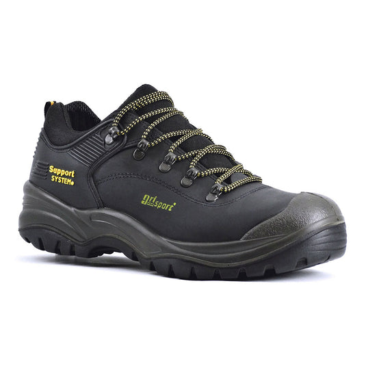 Grisport Tech Safety Boots featuring black leather, yellow laces, high-temperature resistant outsole, and steel toe. Designed for durability and protection, ideal for workplace safety.