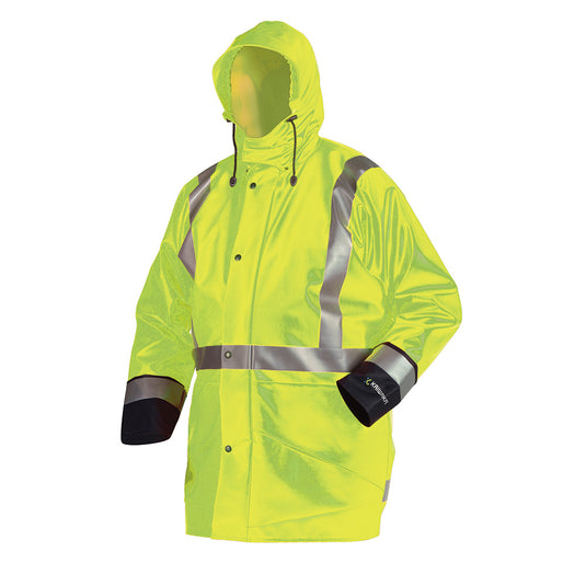 Kaiwaka Tufflex Hi Vis Yellow Taped Parka featuring reflective stripes for enhanced visibility, full-face collar, and heavy-duty YKK zipper. Ideal for safety-focused, outdoor work environments.