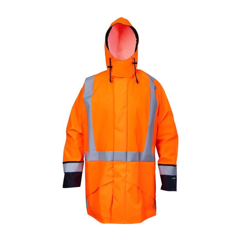 Load image into Gallery viewer, Kaiwaka Tufflex Hi Vis Flame Retardant Parka with hood, reflective stripes, and waterproof features. Designed for safety with a rugged, tear-resistant build and adjustable toggle for enhanced visibility and protection.
