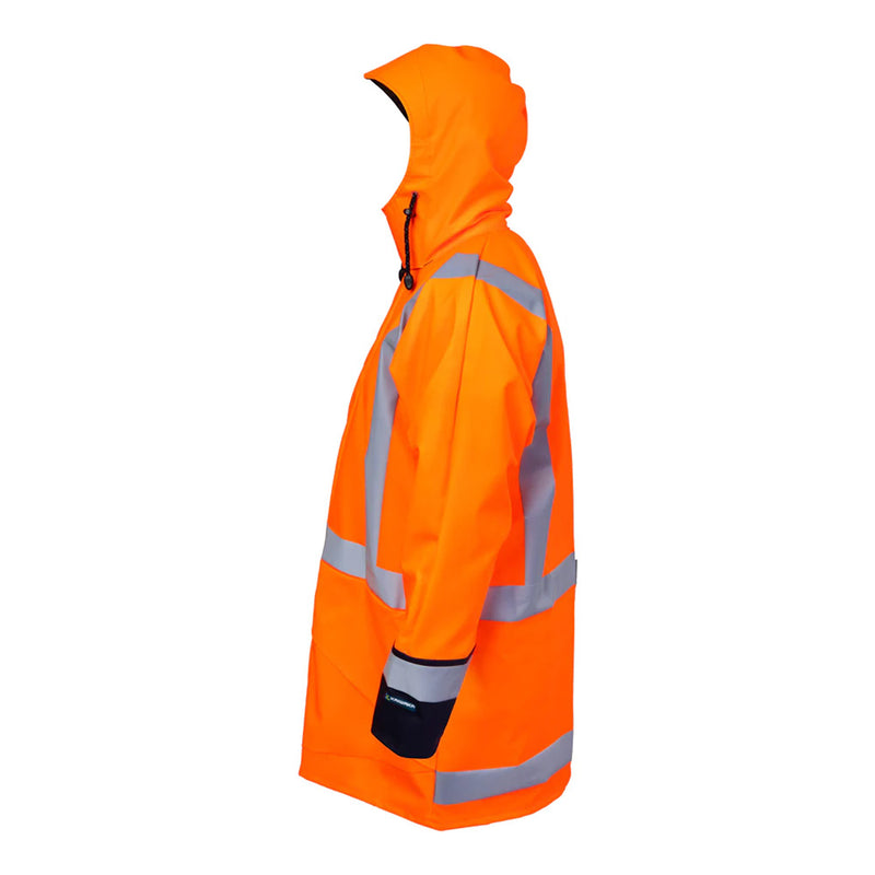 Load image into Gallery viewer, Kaiwaka Tufflex Hi Vis Flame Retardant Parka, shown with reflective stripes and a full-face collar, exemplifies safety with its rugged, weatherproof design, ideal for workplace protection.