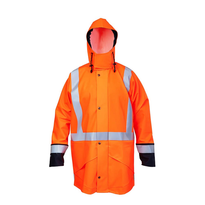 Load image into Gallery viewer, Kaiwaka Tufflex Hi Vis Taped Parka features a durable design with reflective stripes, a storm-proof hood, heavy-duty zipper, and large waterproof pockets, ideal for safety and protection.