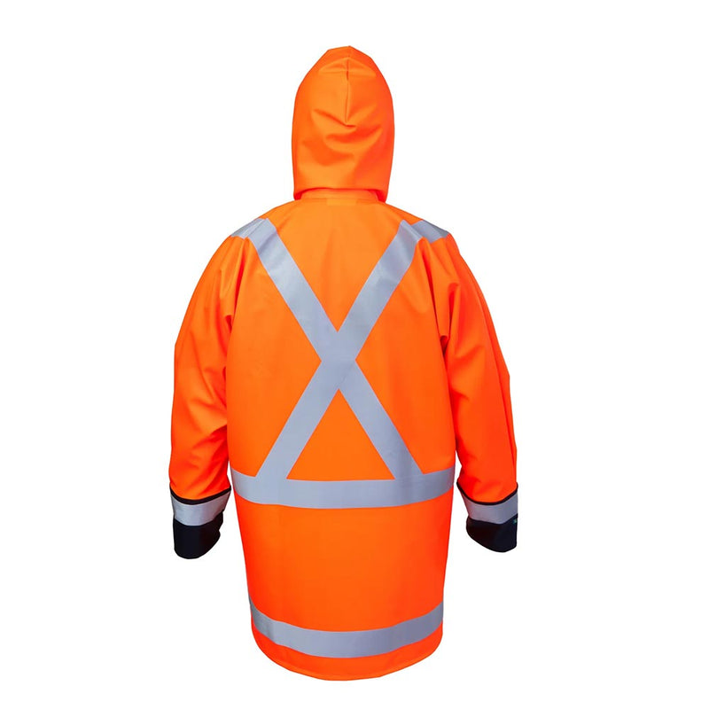 Load image into Gallery viewer, Kaiwaka Tufflex Hi Vis Taped Parka worn by a person, showcasing its high-visibility design and protective features, including X-back tape configuration and full face storm-proof hood. Ideal for safety-focused environments.
