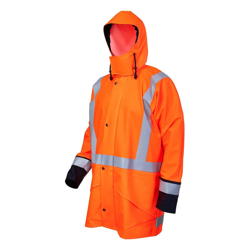 Load image into Gallery viewer, Kaiwaka Tufflex Hi Vis Taped Parka featuring a storm-proof hood, reflective X-back tape, and waterproof cuffs, designed for maximum safety and comfort with heavy-duty zipper and adjustable features.