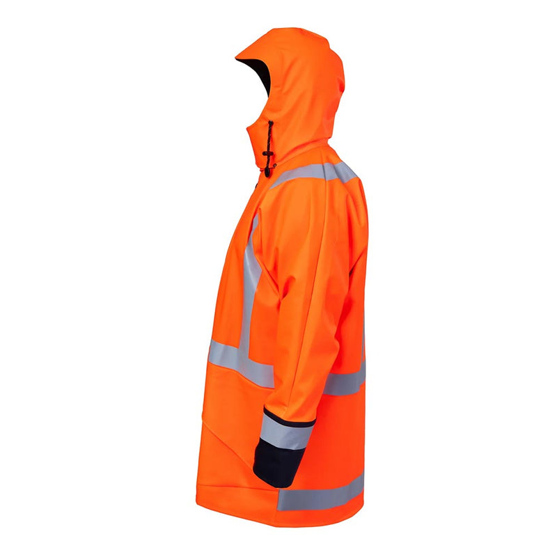 Load image into Gallery viewer, Kaiwaka Tufflex Hi Vis Taped Parka featuring a hood and X-back reflective tape configuration, designed for high visibility and weatherproofing, worn by a person showcasing its protective and durable features.