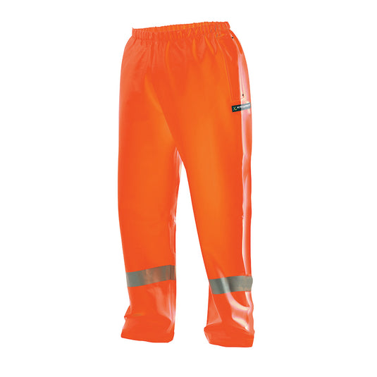 Kaiwaka Tufflex Hi Vis Rain Trouser: Orange, expertly form-fitted waterproof pants with elastic waistband, double welded seams, and reinforced pockets, designed for workplace safety and weather protection.