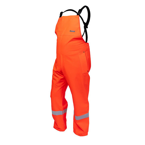 Kaiwaka Tufflex Hi Vis Taped Bib Trouser with grey reflective stripes, designed for safety and visibility, features easy-adjust braces and reinforced seams for durable, waterproof workwear.