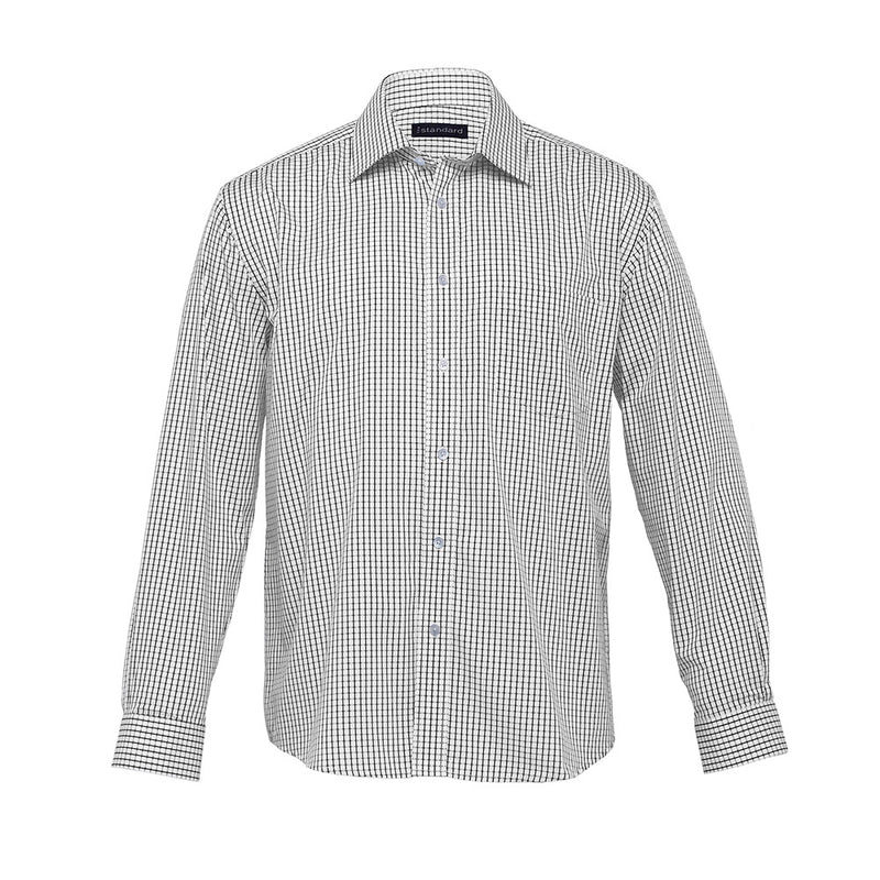 Load image into Gallery viewer, The Folio Men's Check Shirt features a classic fit with a black and white pattern, long sleeves, a fashion collar, and a single breast pocket, ideal for professional or casual settings.