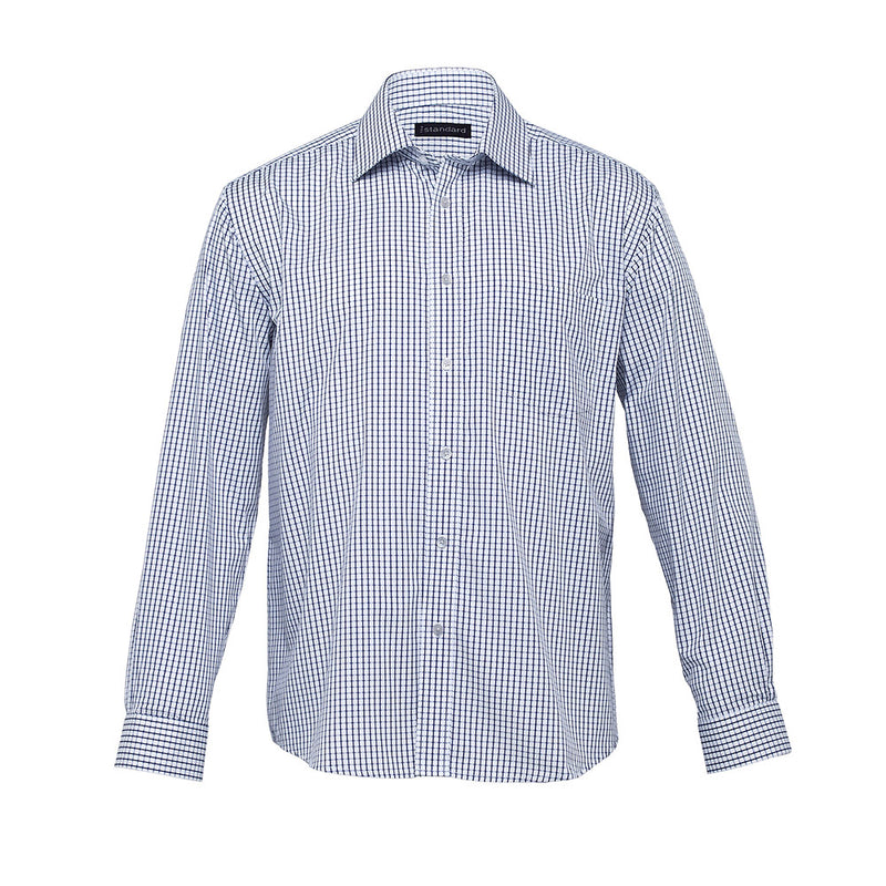Load image into Gallery viewer, The Folio Men's Check Shirt features a long-sleeved, checkered pattern design with a fashion collar and single breast pocket, crafted from 65% polyester and 35% cotton for a classic fit.
