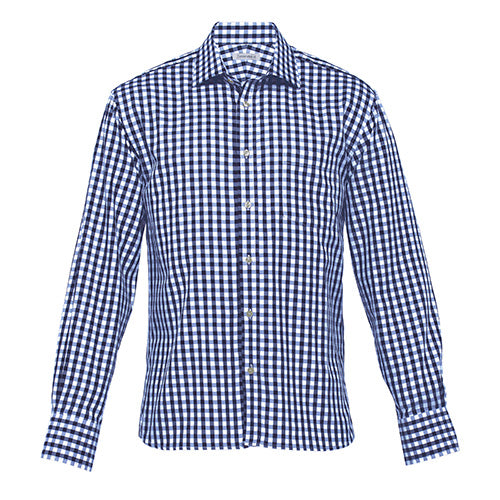 Load image into Gallery viewer, Hartley Long Sleeve Check Shirt, featuring a blue and white checkered pattern, showcases a single breast pocket, tapered fit, mitred cuff corners, and detailed stitching on the collar and cuff edges.