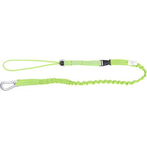 Elasticated Tool Lanyard W/ Quick Release Attachment featuring a durable green strap and metal hook, designed to securely hold tools while working at height. Ideal for enhancing workplace safety.
