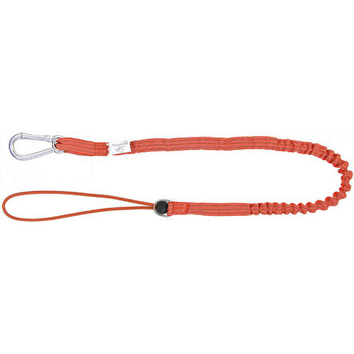 Elasticated Lanyard W/ Tool Attachment featuring a red strap and metal hook, designed to secure tools and prevent drops when working at height, ideal for safety gear from Active Safety.