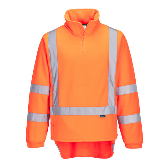 Portwest TTMC-W17 1/4 Zip Polar Fleece features reflective stripes and an X Back tape pattern, enhancing visibility. It includes side zip pockets and elasticated cuffs, ideal for safety-focused workwear.