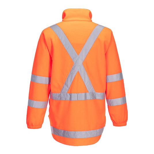 Portwest TTMC-W17 1/4 Zip Polar Fleece, rear view showcasing high-visibility X Back and bio motion tape patterns, ideal for safety-conscious work environments. Features elasticated cuffs and zip pockets for functionality.