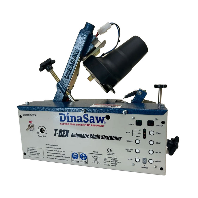 Load image into Gallery viewer, T-Rex Automatic Chain Sharpener with a black handle and pipe, designed for efficient, precise chain sharpening. Ideal for various chain styles, enhancing speed and durability. Perfect for safety-conscious professionals.