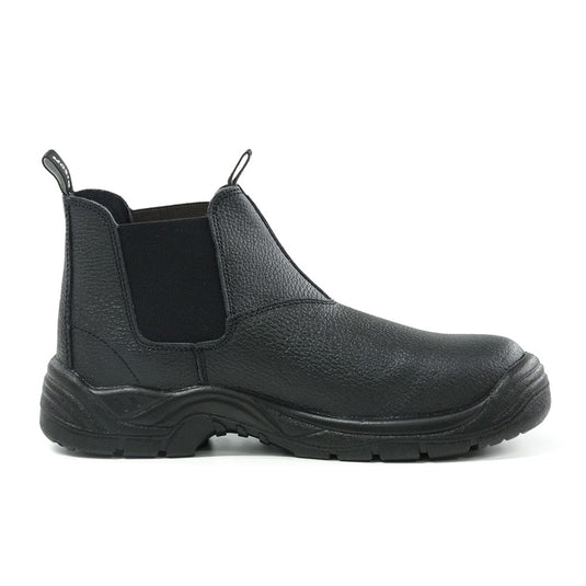 Bison Trade Slip On Safety Boots featuring a black design with a durable, anti-slip sole and steel toe cap, ideal for workplace safety and comfort with advanced moisture-wicking lining and shock absorption.