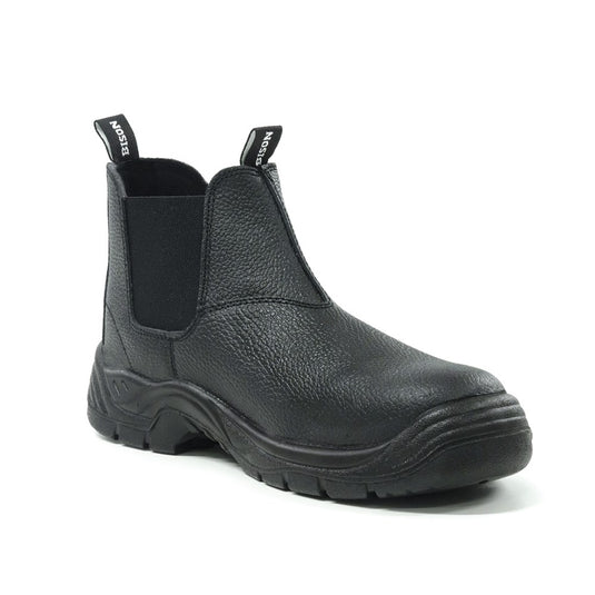 Bison Trade Slip On Safety Boots feature a sleek design with a steel toe cap, oil-resistant anti-slip sole, and breathable moisture-wicking lining, providing comfort and superior traction for workplace safety.