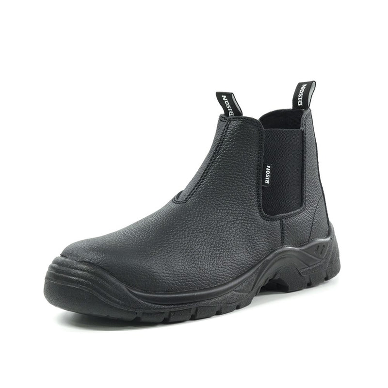 Load image into Gallery viewer, Bison Trade Slip On Safety Boots with steel toe cap, featuring an oil-resistant anti-slip sole and breathable MoistDispel lining. Ideal for workplace safety, these boots offer superior traction and comfort.