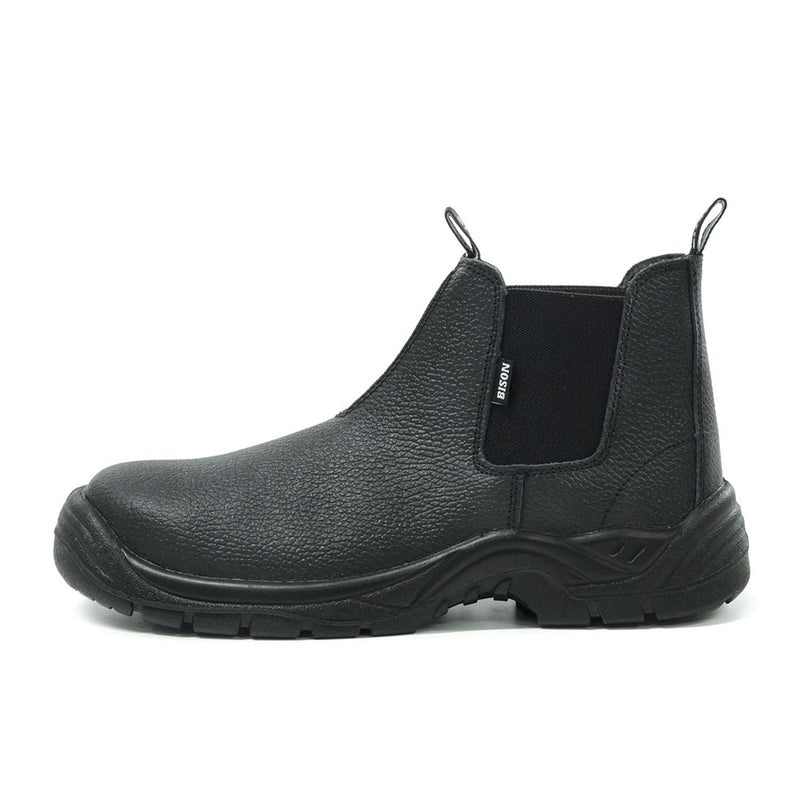 Load image into Gallery viewer, Bison Trade Slip On Safety Boots featuring a black sole, steel toe cap, and breathable MoistDispel lining. Designed for superior traction and comfort with an oil-resistant, anti-slip sole, ideal for workplace safety.