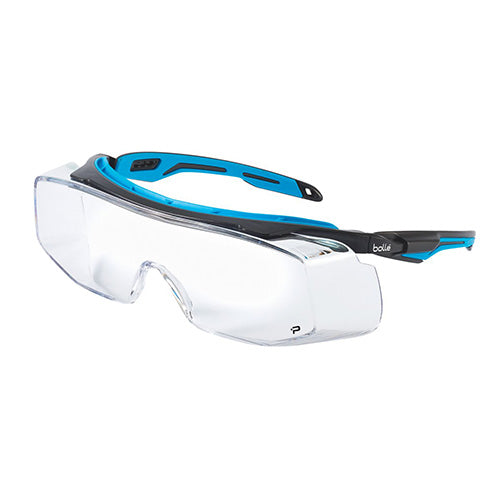 Bolle Tryon OTG Safety Glasses: Clear, designed to fit over prescription glasses, featuring anti-scratch and anti-fog coating for enhanced workplace safety and comfort. Ideal for use in various safety environments.