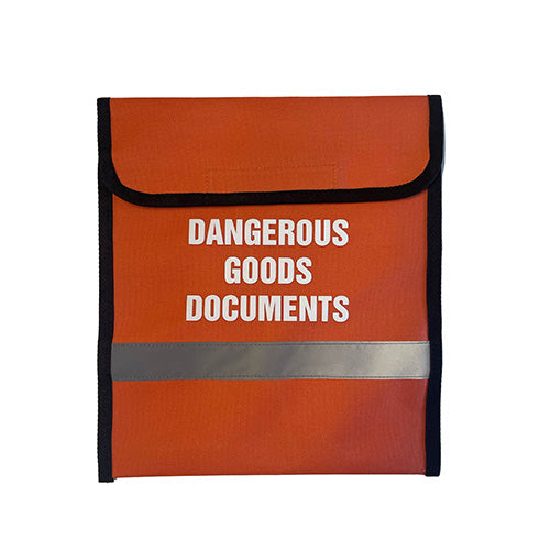 Dangerous Goods Document Holder with reflective strip and velcro attachment, designed for secure vehicle placement. Ideal for workplace safety, emphasizing functionality and durability, aligning with Active Safety’s product range.