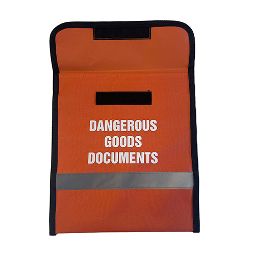 Dangerous Goods Document Holder with a reflective black stripe and velcro attachment, designed for secure vehicle placement. Ideal for safety-conscious environments, aligning with Active Safety's commitment to top-quality workplace supplies.