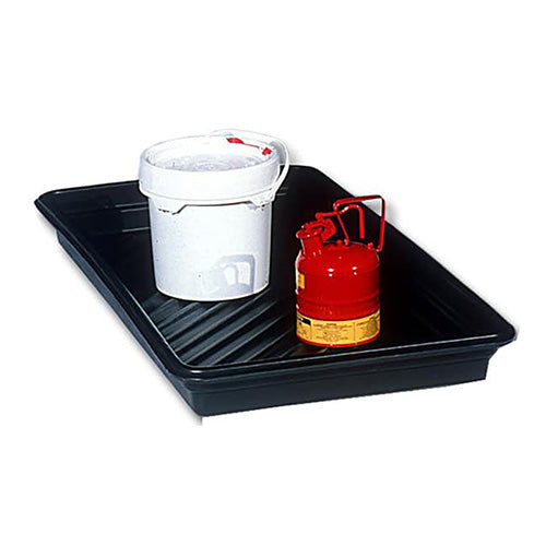 Ultra Utility Tray: 113 Litre shown holding a white bucket with a red lid and a red gas cylinder, demonstrating its capacity to contain various containers, ideal for spill management and storage.