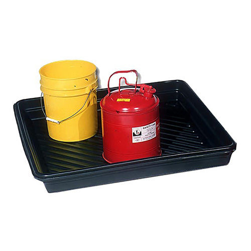 Ultra Utility Tray: 102 Litre, showcasing a robust, heavy-duty polyethylene construction designed to prevent rust or corrosion. Features a ribbed bottom for elevating containers, ideal for safely storing cans, bottles, and more.
