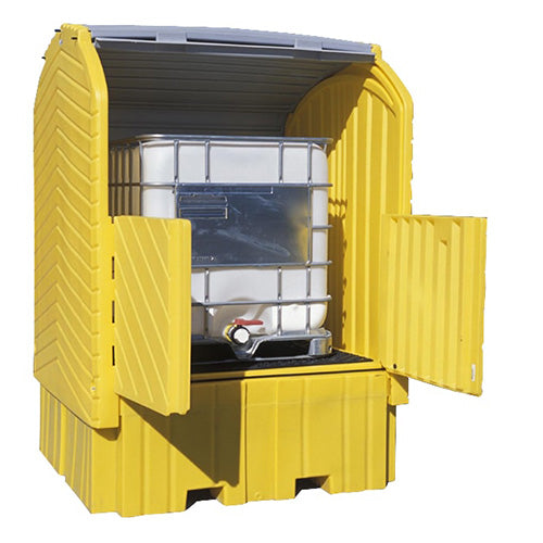 Ultra IBC Hardtop Plus with open yellow doors, showcasing a sturdy, lockable design for safe outdoor storage of IBCs. Features easy access with roll-top and swing-out doors, ideal for safety compliance.