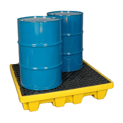 Ultra Spill Pallet 4 Drum on a yellow and black pallet, designed for storing four 200L drums with polyethylene construction, featuring removable non-slip grates and two-way forklift access, ideal for workplace safety.