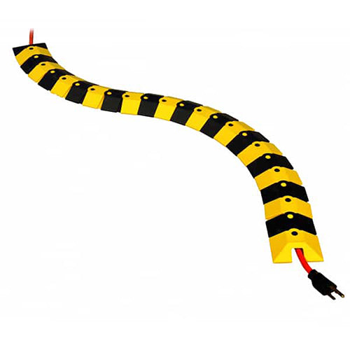 Ultra Sidewinder Cable Protection 1M, featuring a flexible, black and yellow striped design with black dots, provides cable safety and pedestrian trip protection, ideal for industrial and workplace environments.