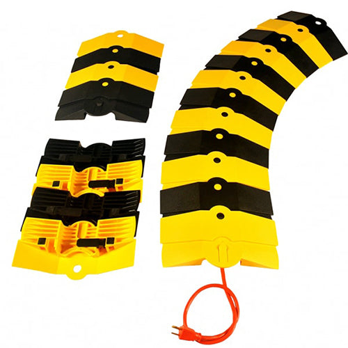 Ultra Sidewinder Cable Protection 840mm shown in close-up, featuring a flexible, yellow and black design ideal for safely routing cables around corners, minimizing trip hazards in workplace environments.