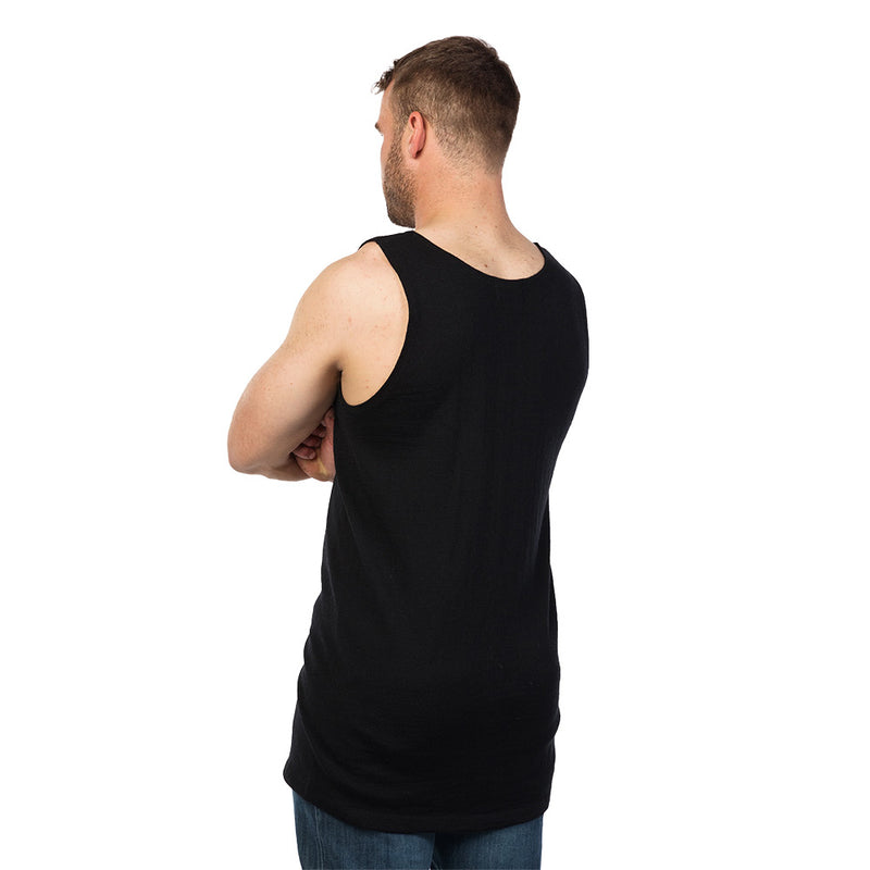 Load image into Gallery viewer, MKM Active Shearers Pure Wool Singlet, Black — a durable, 100% Merino wool garment, designed for New Zealand shearers, featuring extra length for coverage and flexibility, ideal for active workplace safety and comfort.