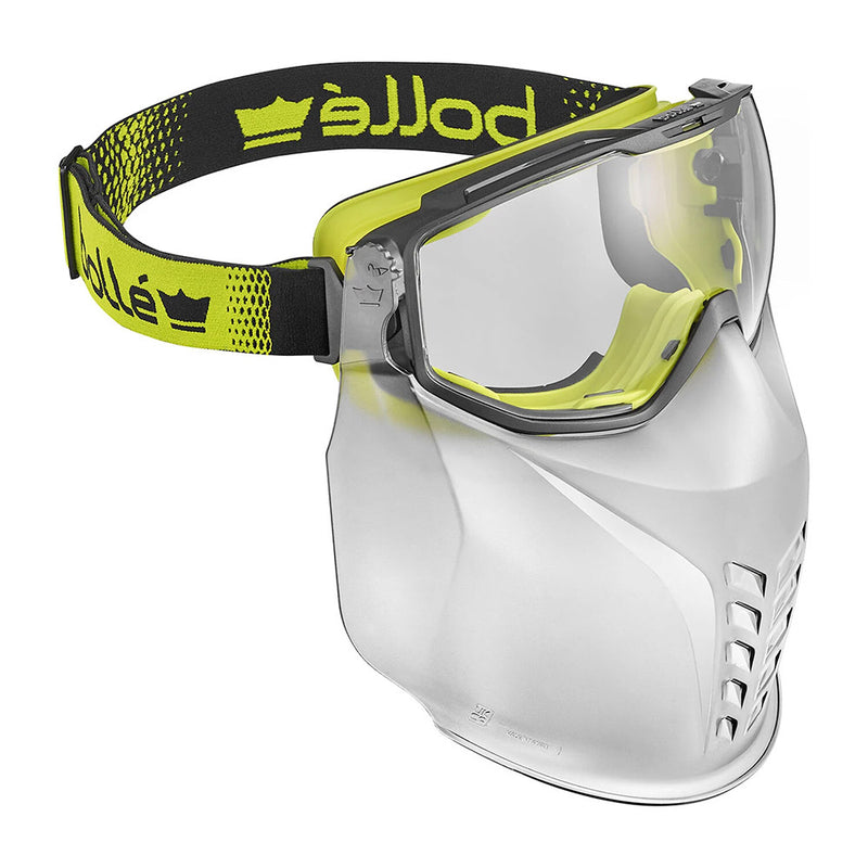 Load image into Gallery viewer, Bolle Universal Goggle with Mouth Guard Vented: Clear, featuring ergonomic design and Wave technology for a snug fit. Platinum-coated for superior protection and recyclability with PC/TPR frame and pivoting faceguard.