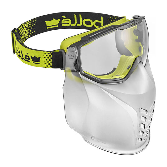 Bolle Universal Goggle with Mouth Guard Vented: Clear, featuring ergonomic design and Wave technology for a snug fit. Platinum-coated for superior protection and recyclability with PC/TPR frame and pivoting faceguard.