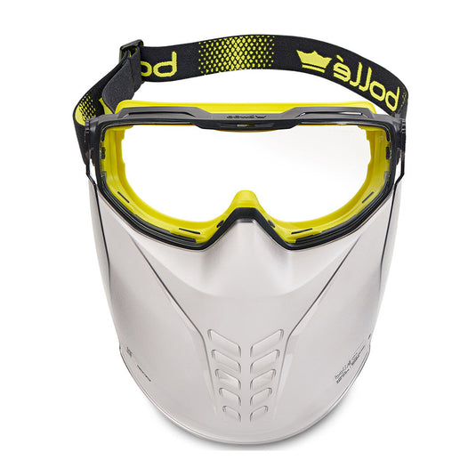 Bolle Universal Goggle with Mouth Guard Vented: Clear, featuring ergonomic design and Wave technology for a secure fit, visible co-injected frame, and pivoting faceguard, ideal for enhanced workplace safety and comfort.