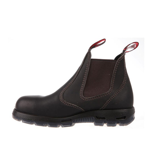 Redback Bobcat Safety Boots, featuring slip-on design with elastic sides, premium full grain leather, wide fitting steel toe cap, and durable, acid, oil, and slip-resistant soles for workplace safety.