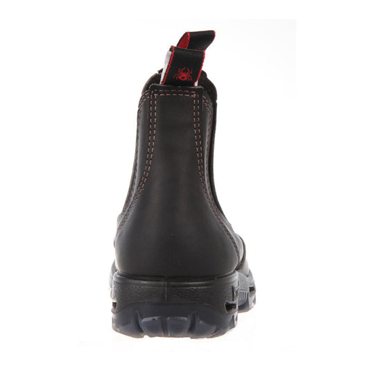 Redback Bobcat Safety Boots, featuring a slip-on design with elastic sides, wide-fitting steel toe cap, and premium full grain leather, renowned for comfort and durability, ideal for safety-focused workplaces.