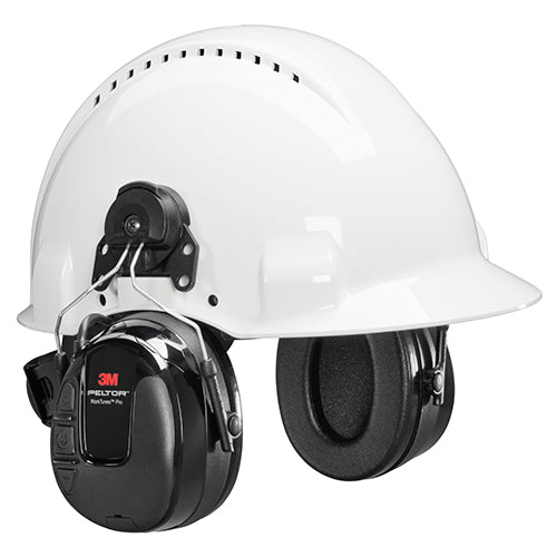 3M Peltor WorkTunes Pro AM/FM Helmet Earmuff featuring built-in radio and earmuffs, designed for workplace noise protection, shown as a robust white hard hat with integrated headphones.