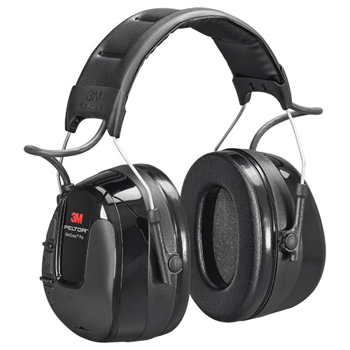 3M Peltor WorkTunes Pro AM/FM Earmuff, designed for noise protection with built-in FM/AM radio and digital tuning, featuring a sleek, compact design perfect for workplace safety environments.