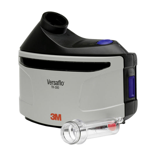 Close-up of the 3M Versaflo Powered Air Turbo Unit TR-302E+, showcasing its compact design and display features for battery and filter status, integral to versatile respiratory protection in particulate environments.