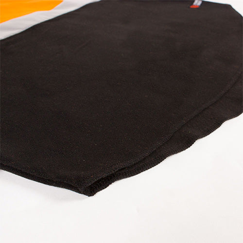 Stoney Creek Performance Plus Bush Tee, Orange/Black, displayed on a striped surface, features safety-enhancing hooped 3M taping, ideal for layering under rainwear for warmth and visibility in active safety environments.