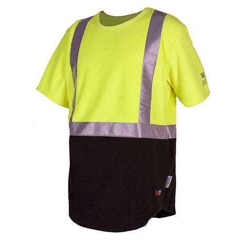 Stoney Creek Performance Plus Bush Tee, Yellow/Black, features high-visibility 3M taping and a collared design, ideal for layering under rainwear. Perfect for safety and warmth in active work environments.