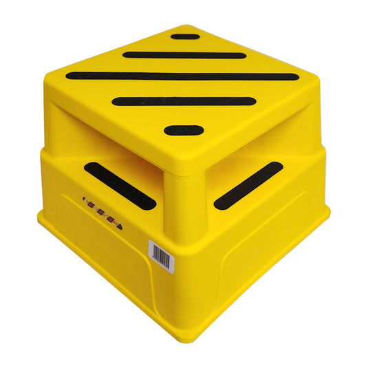 Yellow Safety Step (250kg SWL), a bright-yellow, two-tier plastic step-stool with black non-slip strips for traction, reinforced underside, and indented steps on all sides for versatile access.