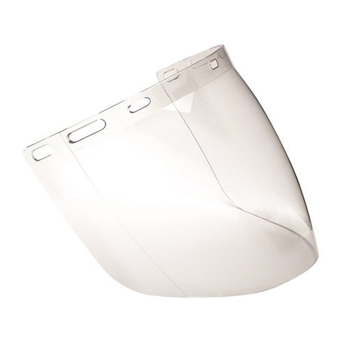 Pro Economy High Impact Clear Visor, featuring a 2mm anti-scratch, wrap-around design for unobstructed views and enhanced side protection. Offers resistance to molten metal, 99.9% UV protection, and extra length for increased safety.